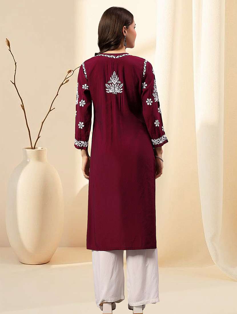 women chikankari long sleeve straight kurta - 22404119 -  Standard Image - 4