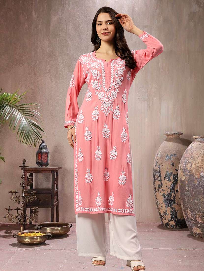 women chikankari long sleeve straight kurta - 22404120 -  Standard Image - 1