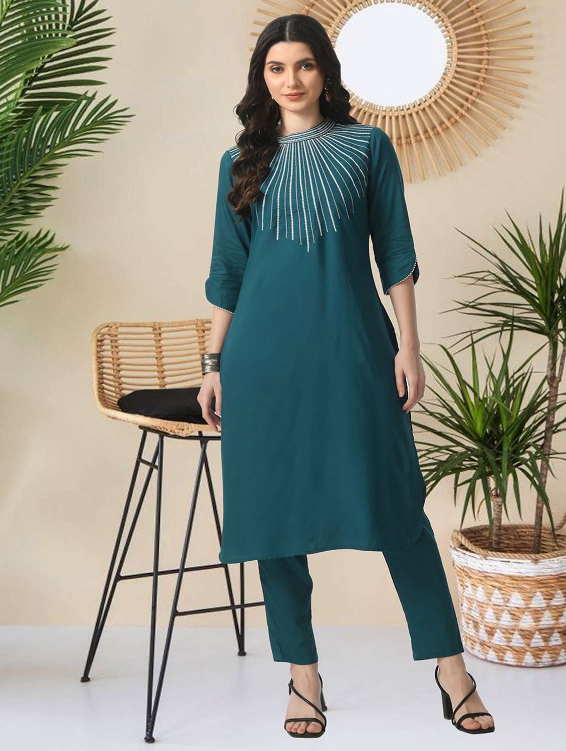 women solid with work three quarter sleeve kurta pant with dupatta set - 22404304 -  Standard Image - 1