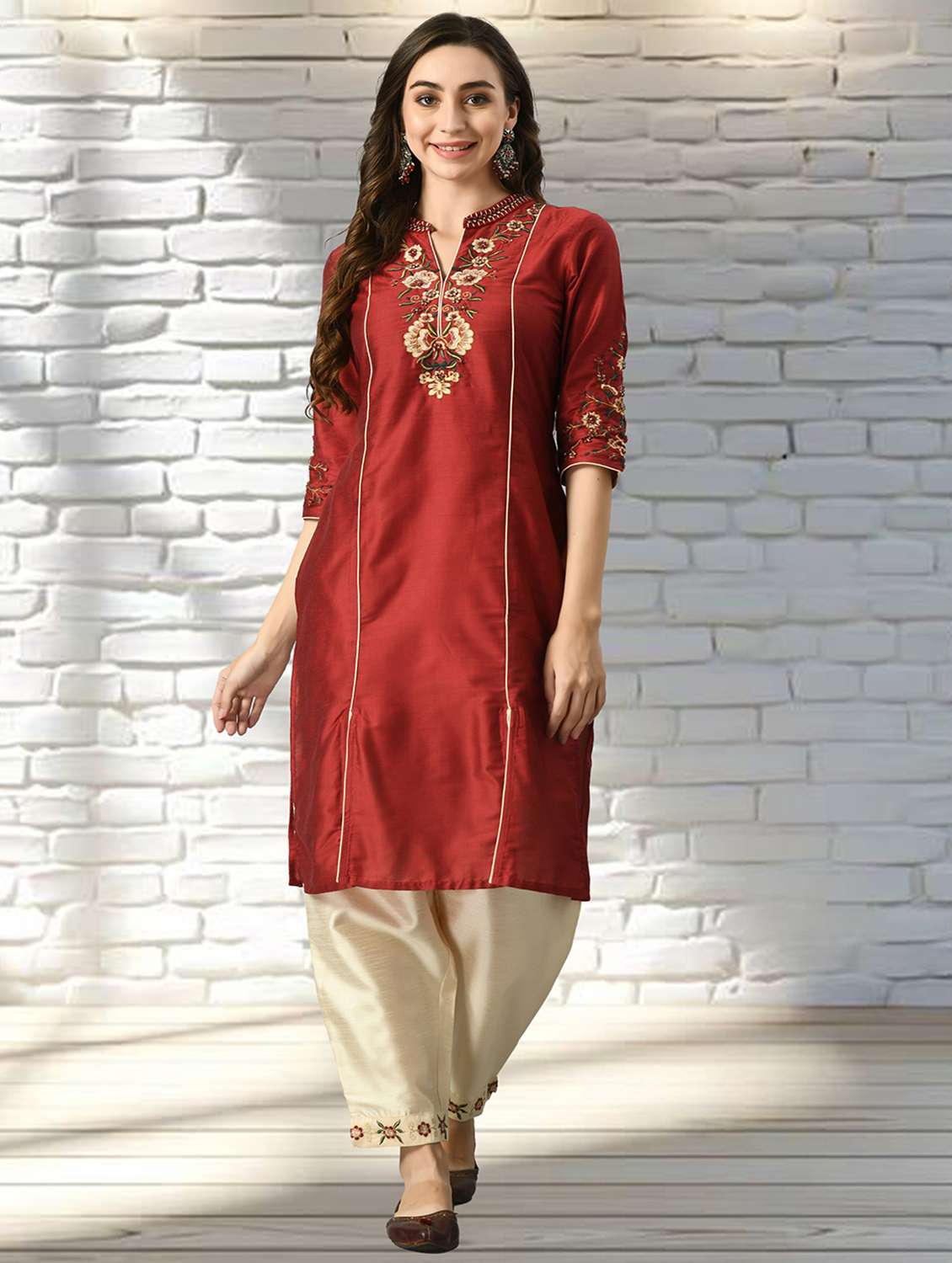 women solid with work three quarter sleeve kurta pant with dupatta set - 22404305 -  Standard Image - 1