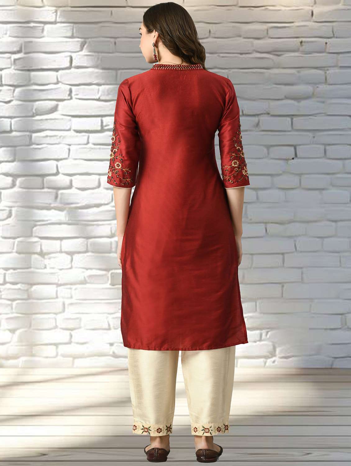 women solid with work three quarter sleeve kurta pant with dupatta set - 22404305 -  Standard Image - 4