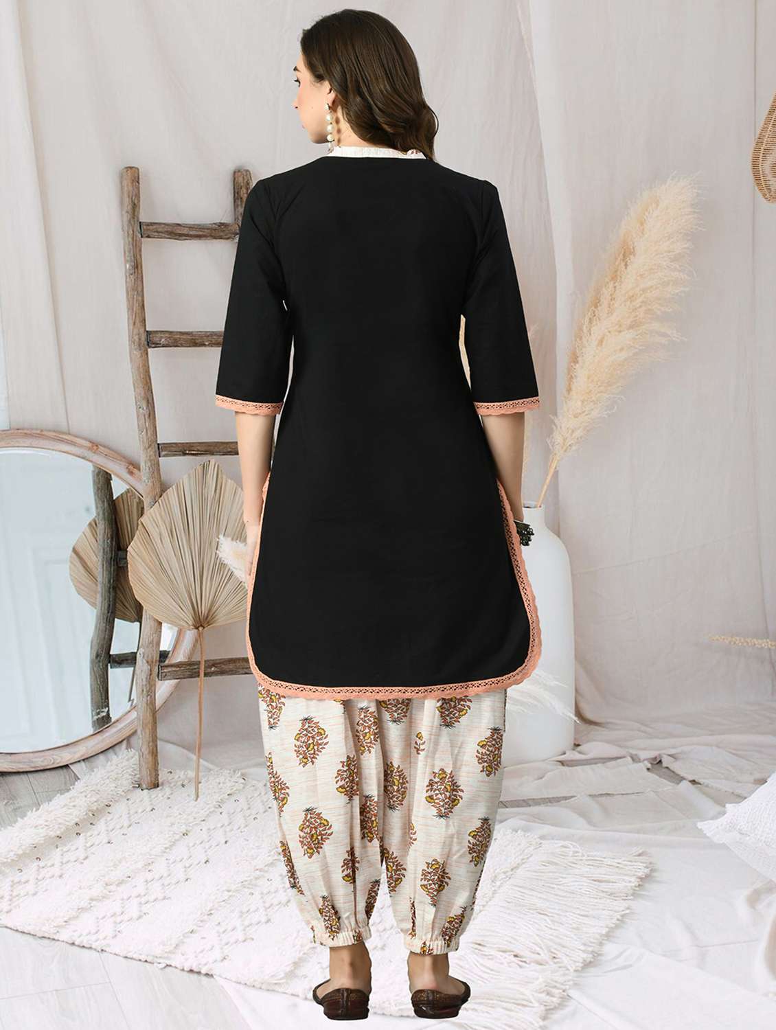 women solid with work three quarter sleeve kurta salwar set - 22404306 -  Standard Image - 4