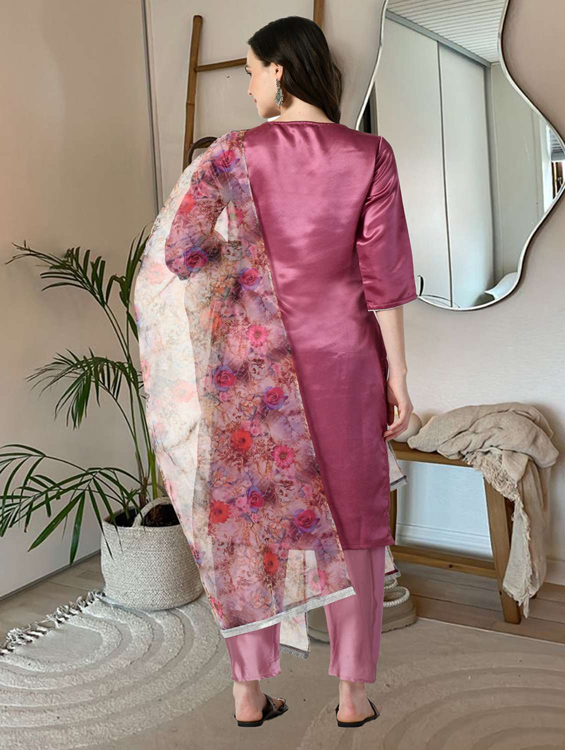 women solid with work three quarter sleeve kurta pant with dupatta set - 22404310 -  Standard Image - 4