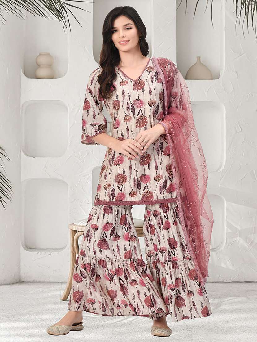women floral three quarter sleeve kurta sharara with dupatta set