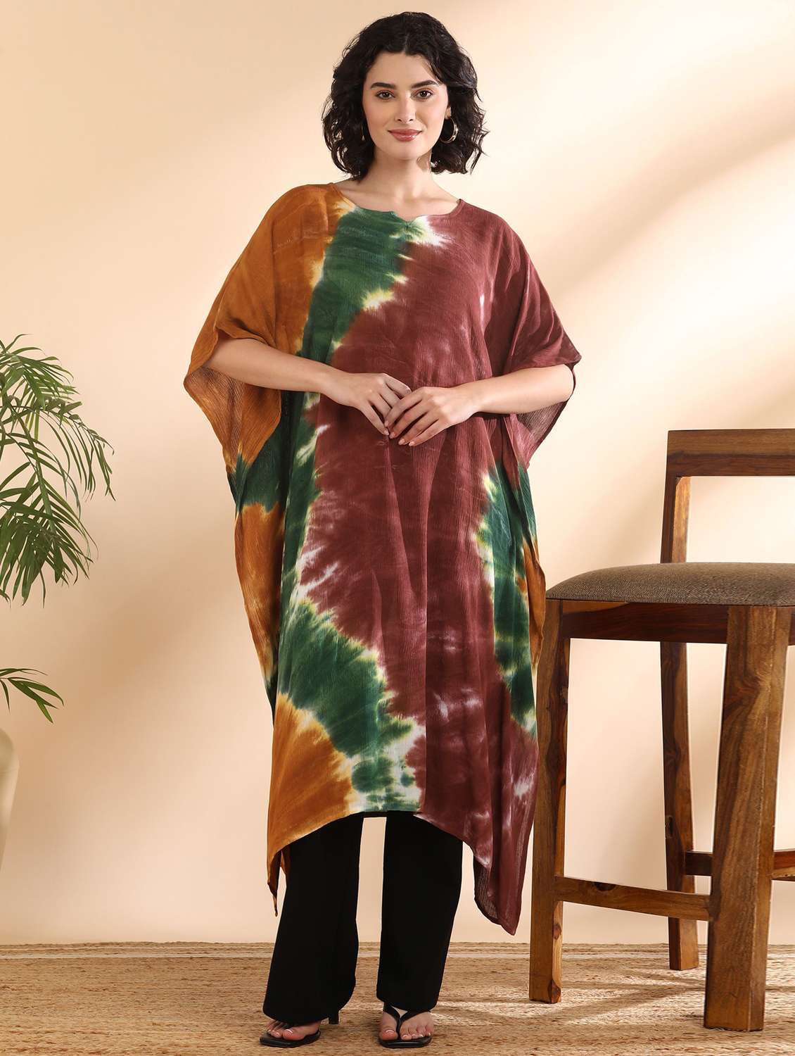 women printed brown crepe null kaftan