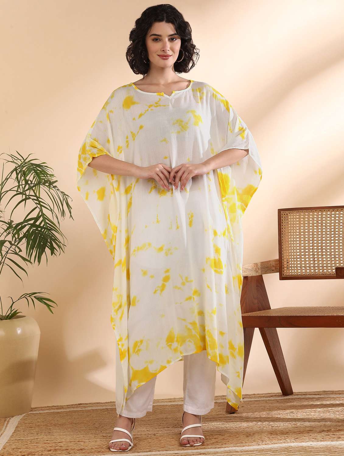 printed relaxed fit white crepe kaftan
