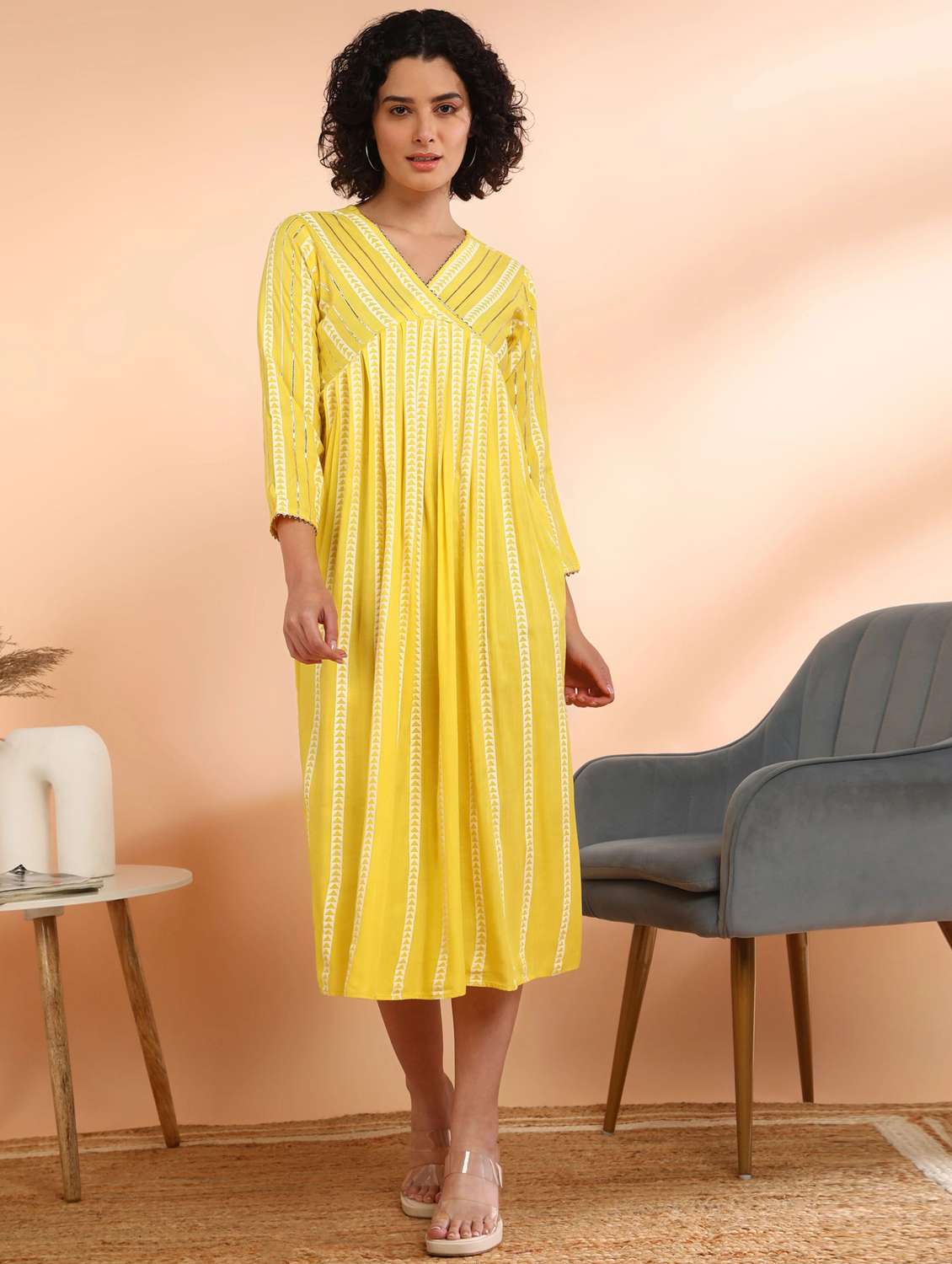 women printed three quarter sleeve ethnic dress