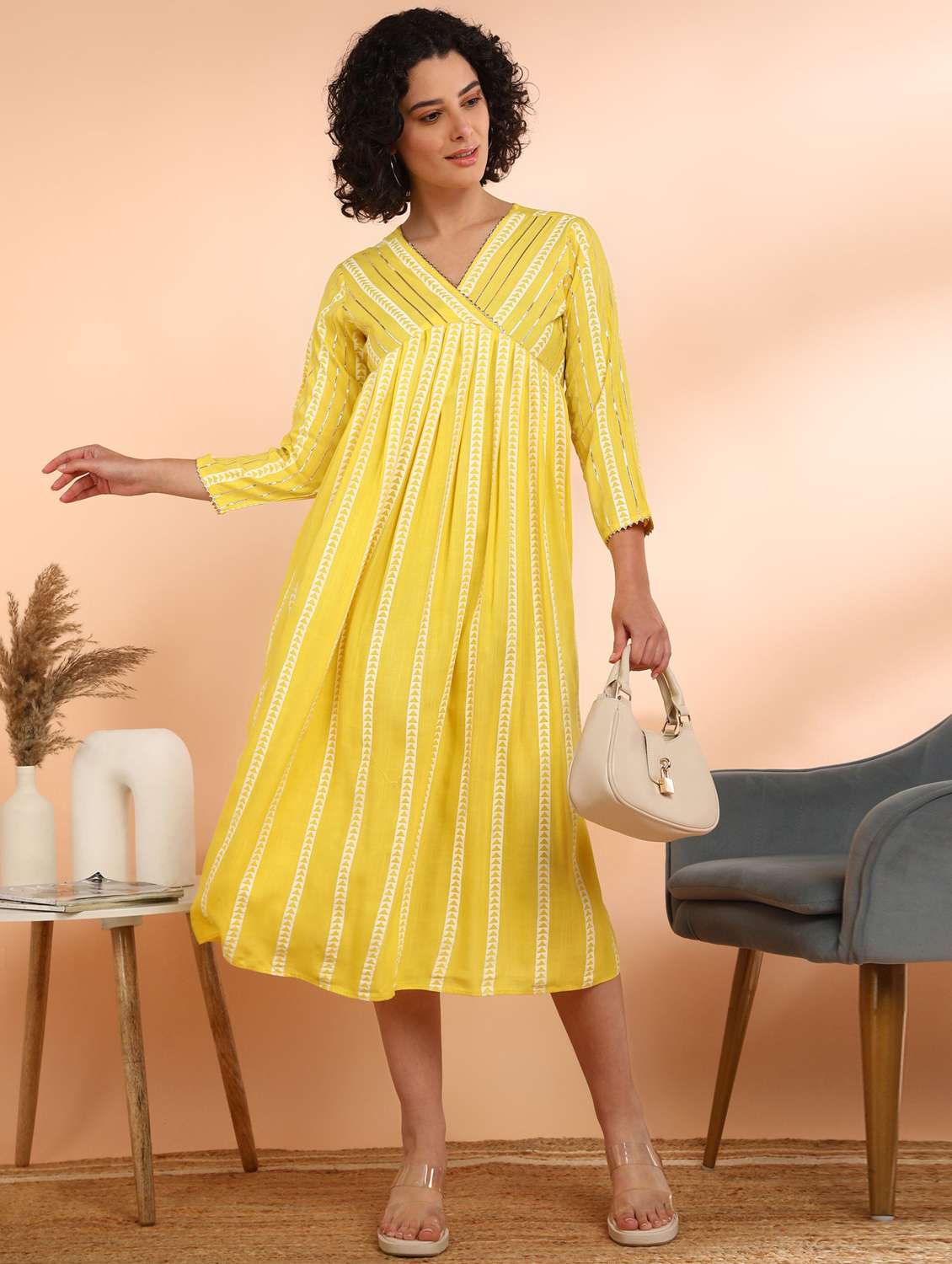 women printed three quarter sleeve ethnic dress - 22406879 -  Standard Image - 4