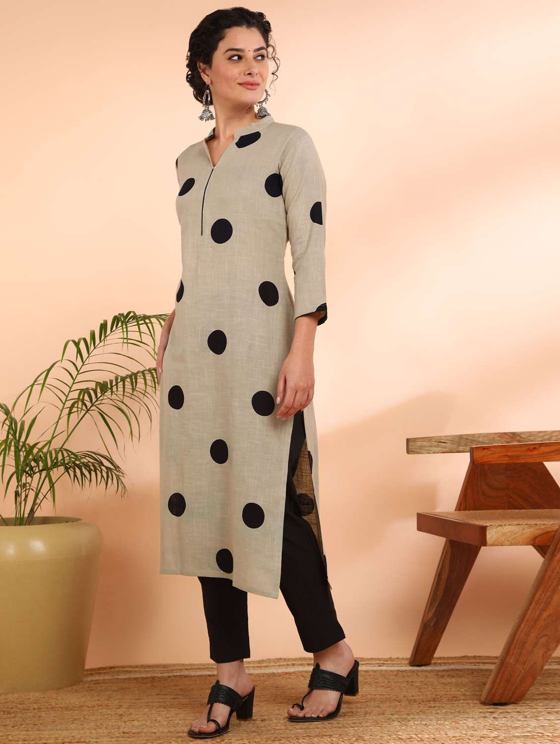 women polka dot three quarter sleeve straight kurta - 22406923 -  Standard Image - 1