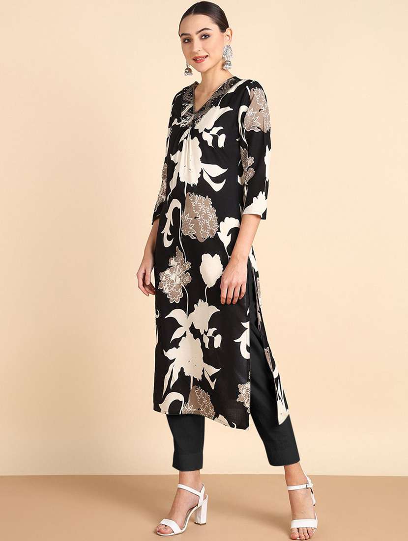 women floral three quarter sleeve a-line kurta  - 22406925 -  Standard Image - 4