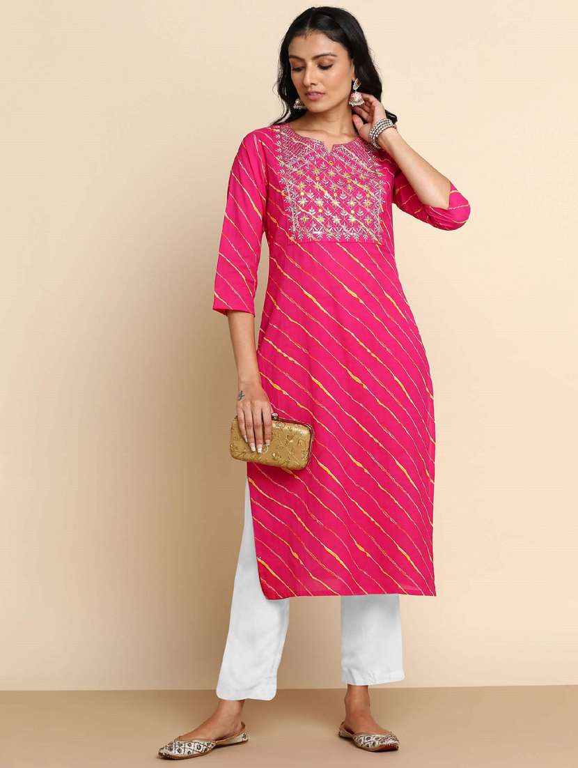 women leheriya three quarter sleeve straight kurta - 22406933 -  Standard Image - 4