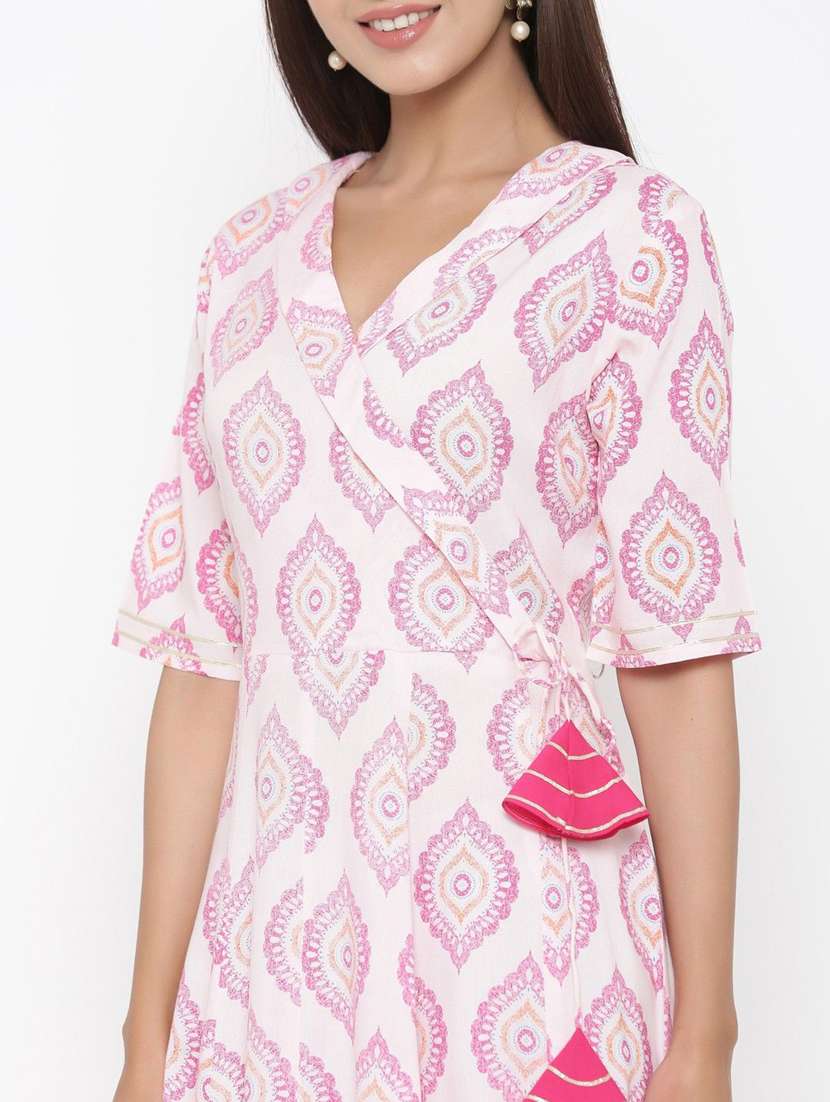 women printed short sleeve angrakha kurta - 22406941 -  Standard Image - 1