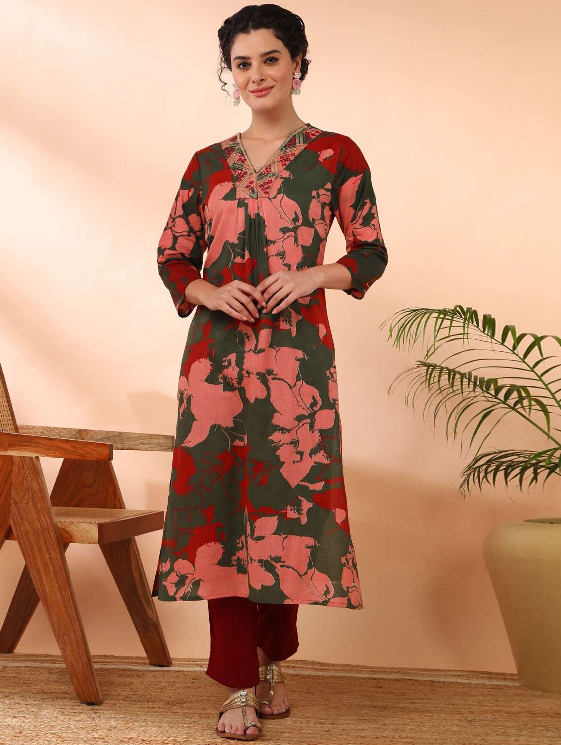 women floral printed three quarter sleeve a-line kurta