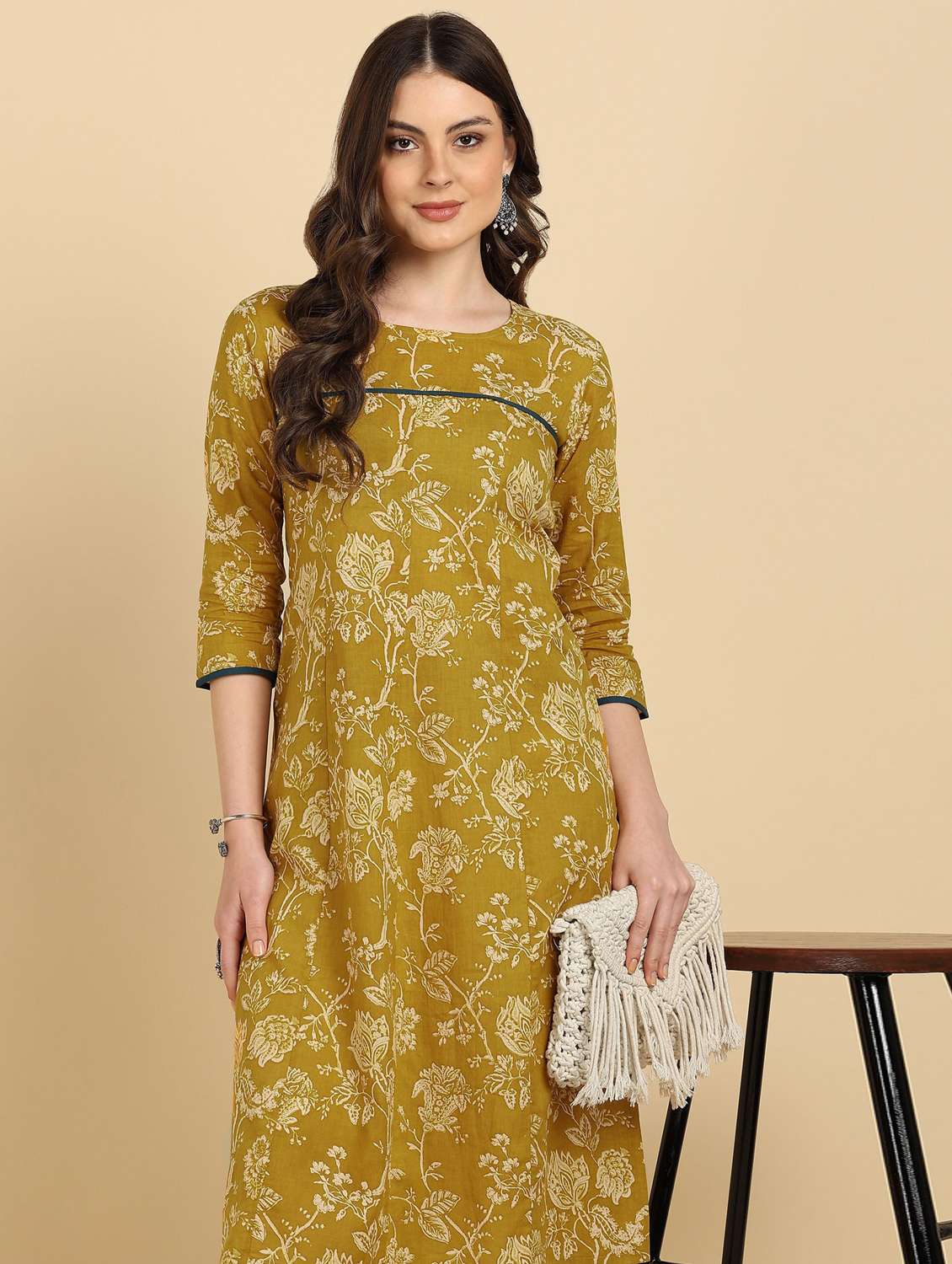 women floral printed three quarter sleeve a-line kurta - 22406949 -  Standard Image - 1