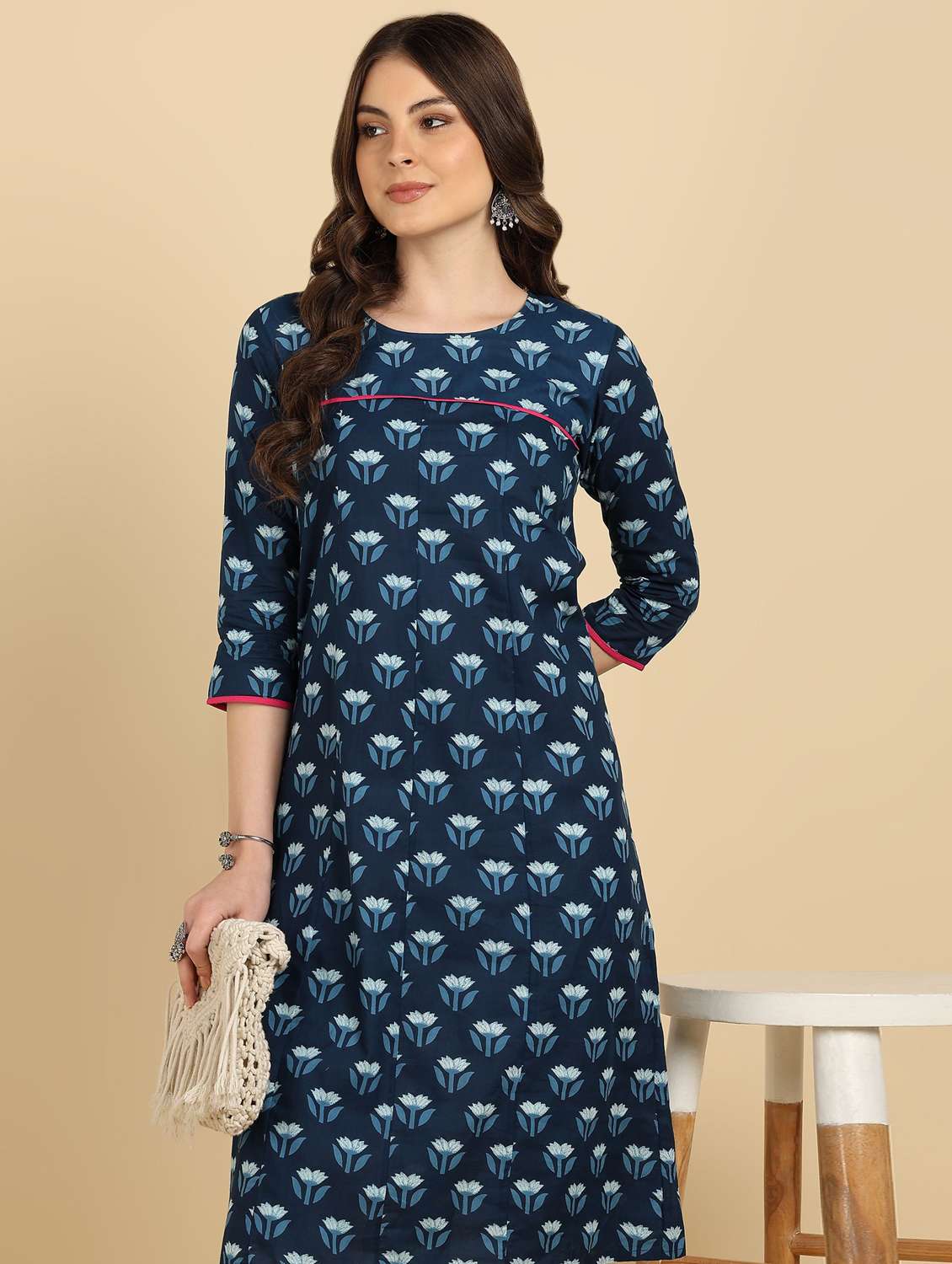 women floral printed three quarter sleeve a-line kurta - 22406961 -  Standard Image - 1