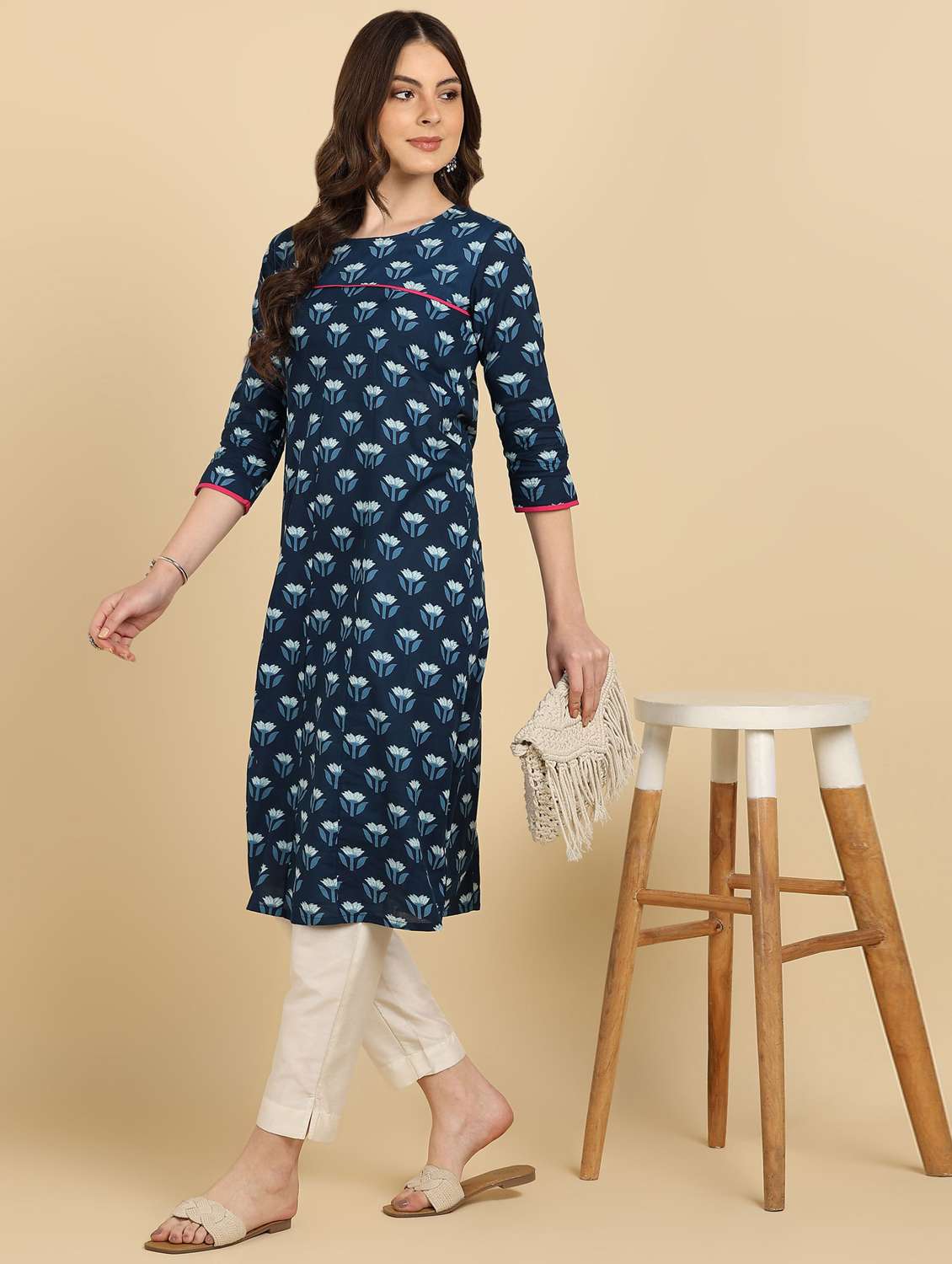 women floral printed three quarter sleeve a-line kurta - 22406961 -  Standard Image - 4