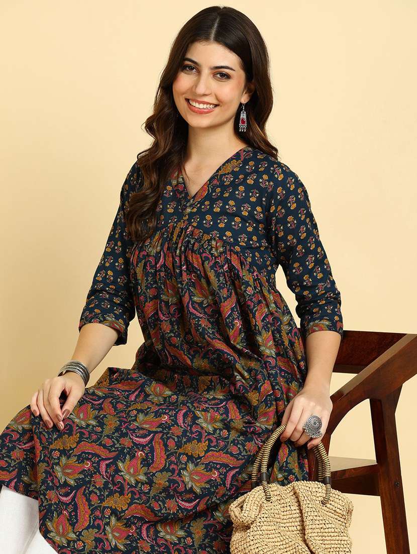 women printed three quarter sleeve a-line kurta - 22406963 -  Standard Image - 1