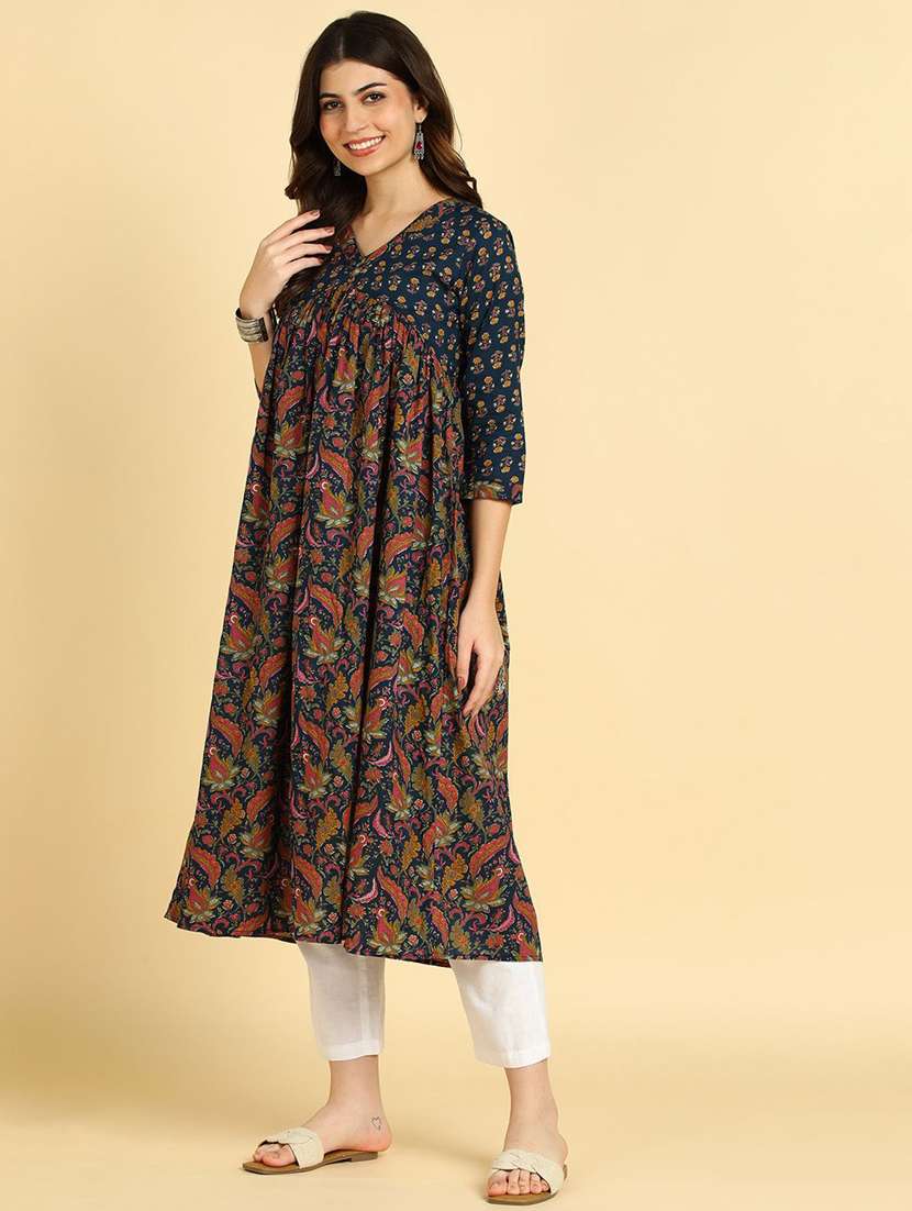 women printed three quarter sleeve a-line kurta - 22406963 -  Standard Image - 4