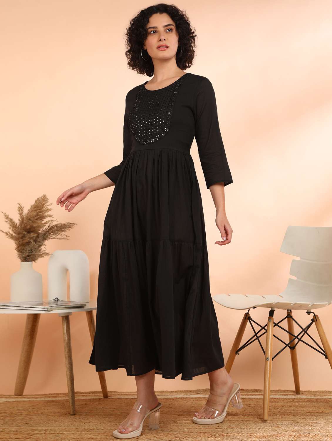 women solid with work three quarter sleeve tiered ethnic dress - 22406981 -  Standard Image - 4