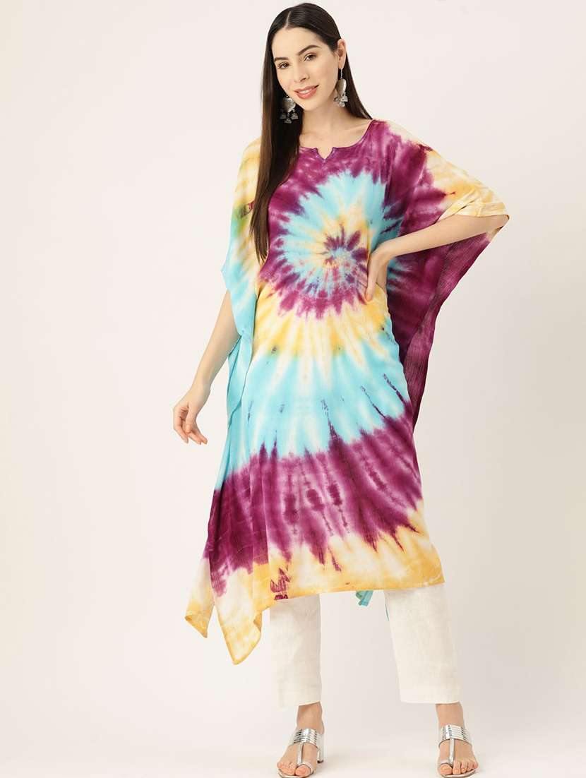 women tie & dye printed kimono sleeve kaftan kurta