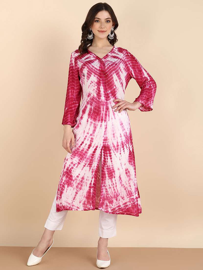women tie & dye printed long sleeve straight kurta