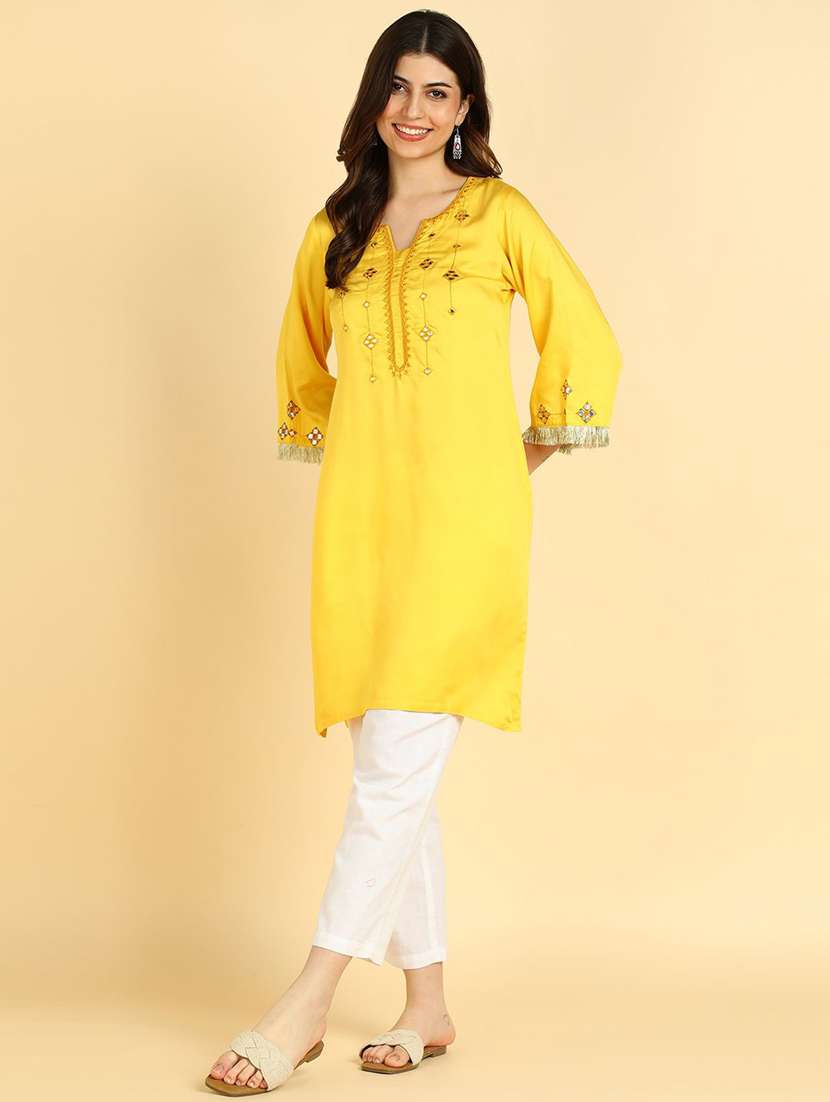 women solid with work three quarter sleeve straight kurta - 22407017 -  Standard Image - 1