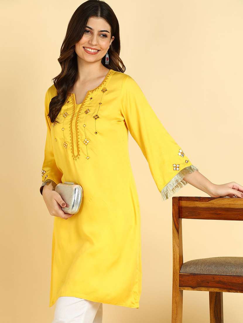 women solid with work three quarter sleeve straight kurta - 22407017 -  Standard Image - 4
