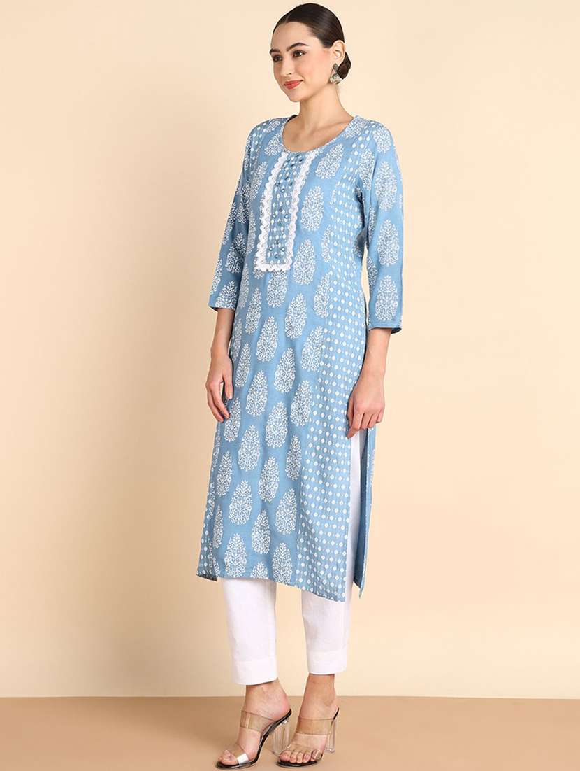 women printed three quarter sleeve straight kurta