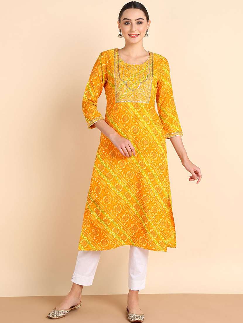 women printed three quarter sleeve straight kurta