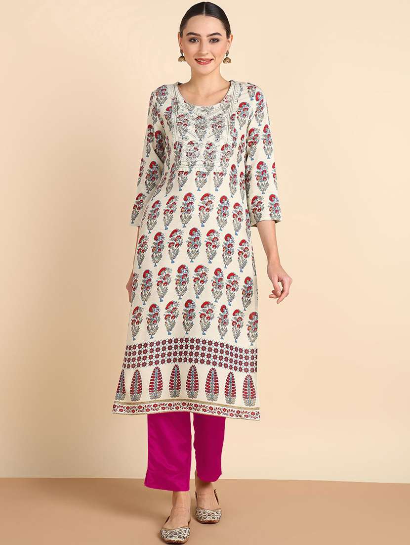 women floral printed three quarter sleeve straight kurta - 22407048 -  Standard Image - 1