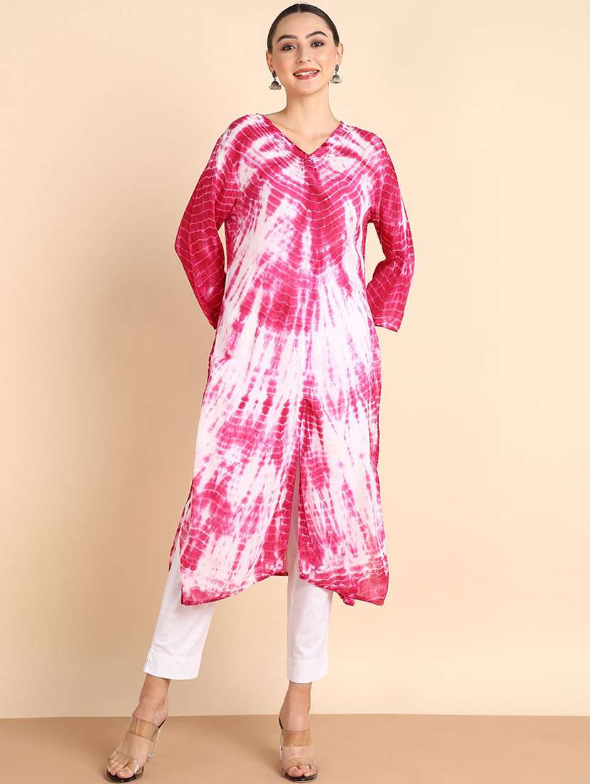 women tie & dye printed three quarter sleeve straight kurta