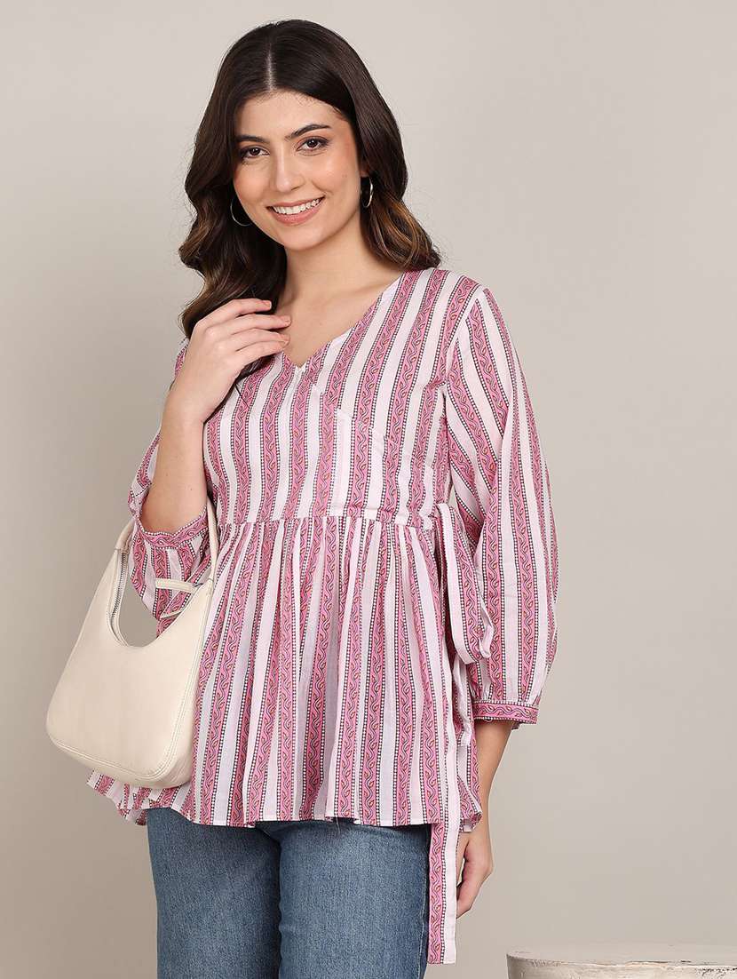 women striped puff sleeve flared top - 22407166 -  Standard Image - 1