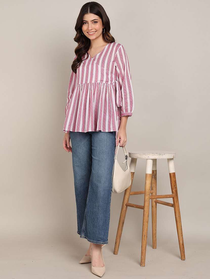 women striped puff sleeve flared top - 22407166 -  Standard Image - 4