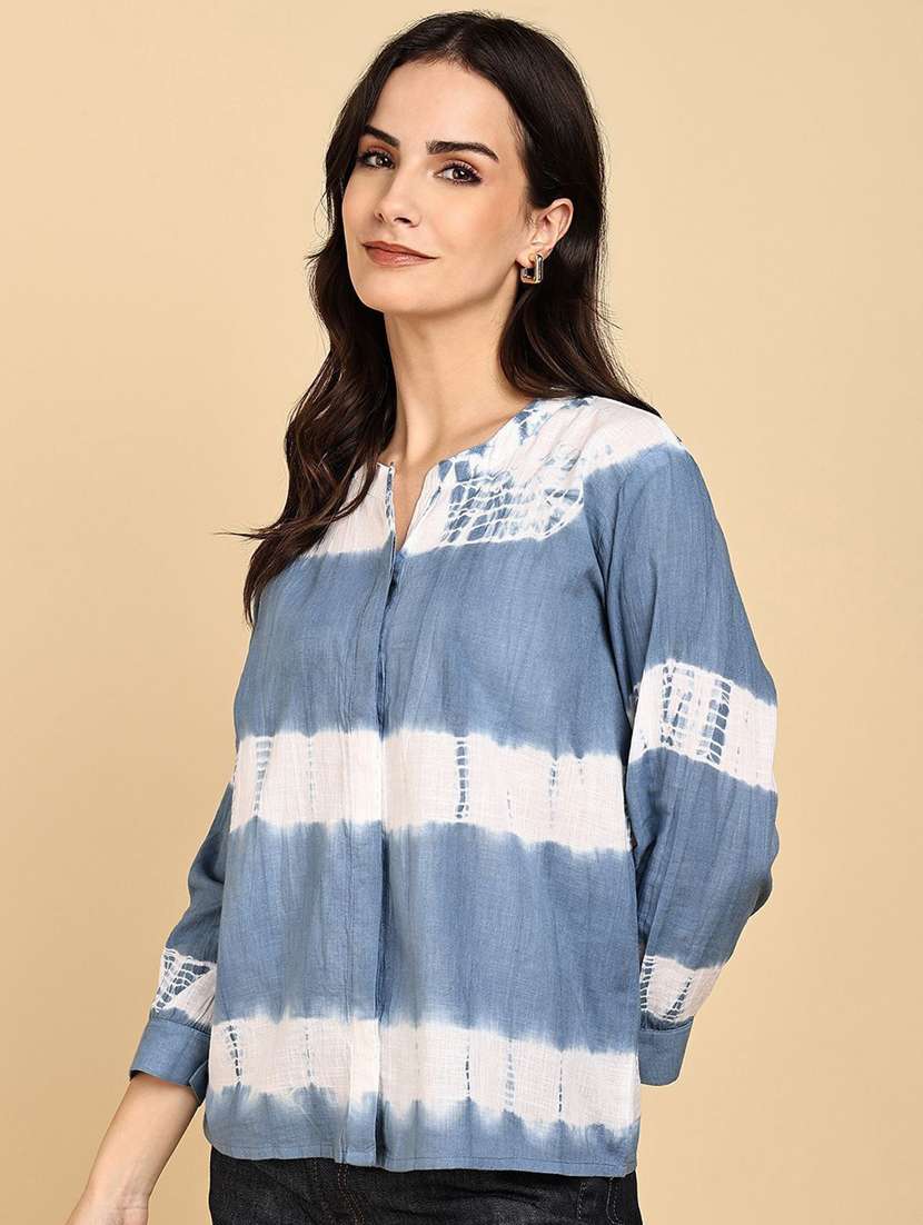 women self design  blue cotton regular shirt - 22407476 -  Standard Image - 4
