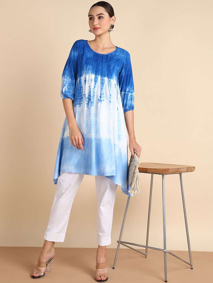 women blue viscose tie & dye fit & flare dress