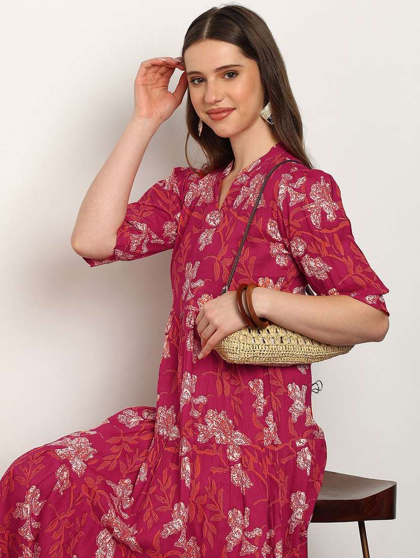 women floral print pink cotton tiered midi dress - 22407610 -  Standard Image - 1