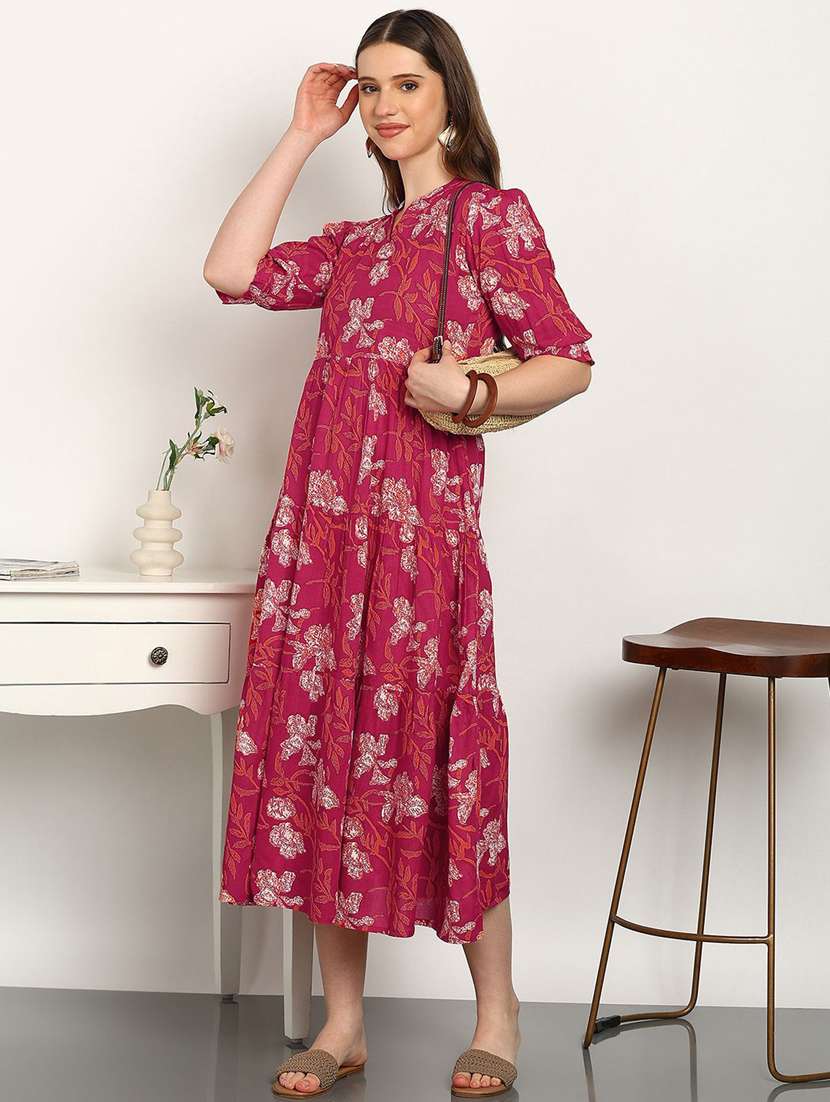 women floral print pink cotton tiered midi dress - 22407610 -  Standard Image - 4