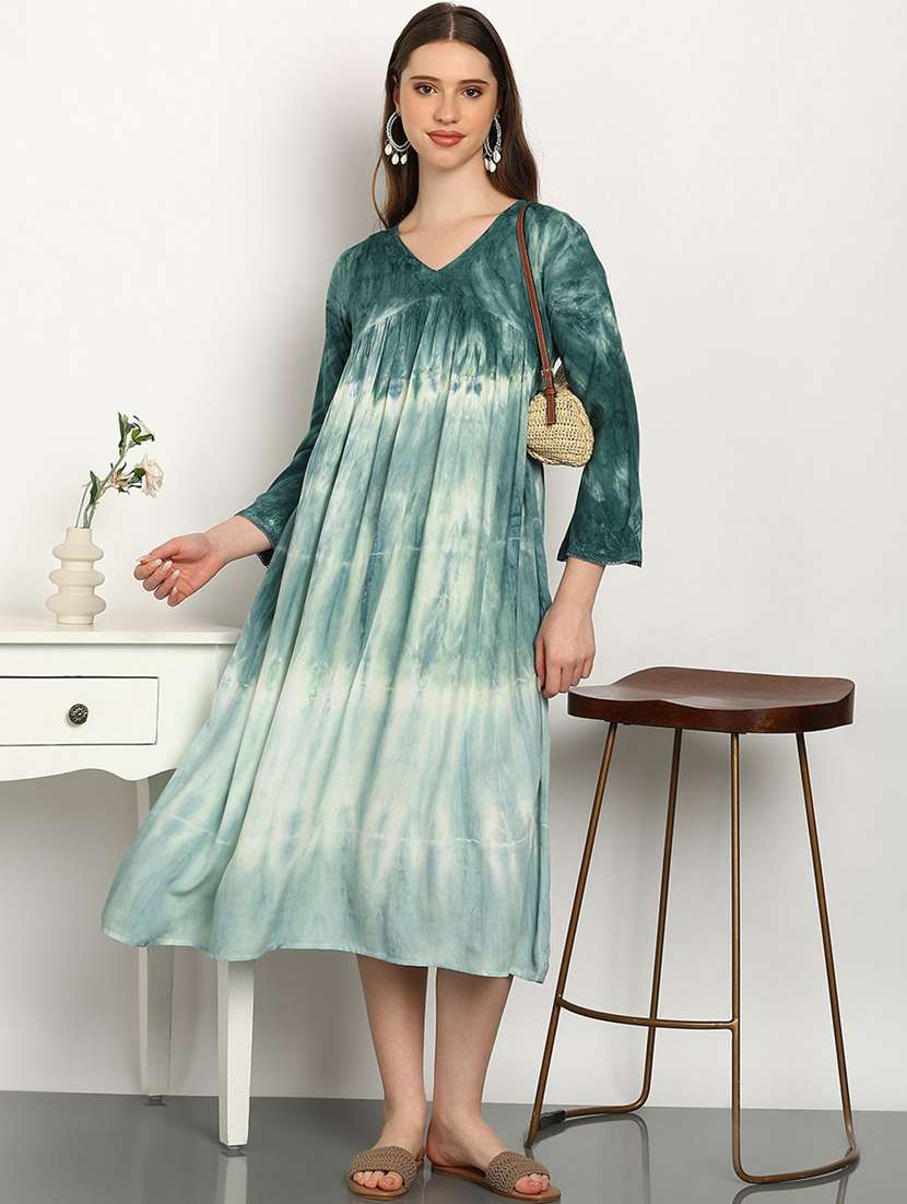 women tie & dye viscose a-line midi dress