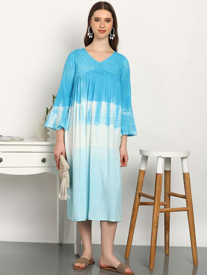 women blue viscose tie & dye a-line dress