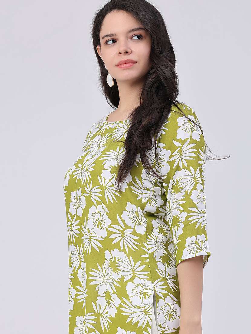 women floral three quarter sleeve straight kurta - 22407654 -  Standard Image - 1