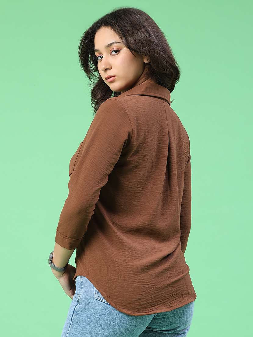 women solid three quarter sleeves collared shirt - 22407872 -  Standard Image - 4