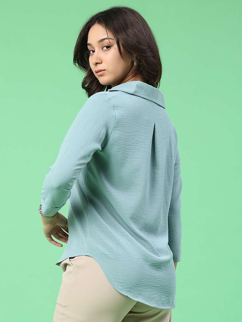 women solid three quarter sleeves collared shirt - 22407873 -  Standard Image - 4
