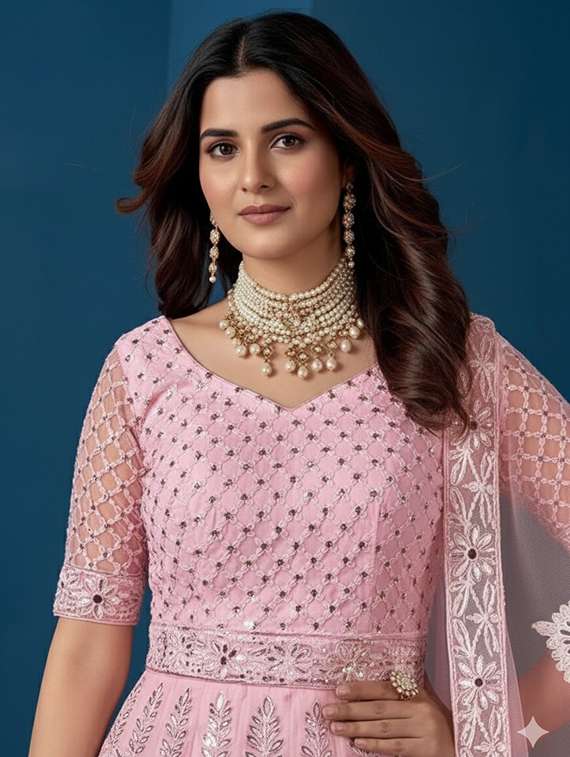 women solid with work semi-stitched gown with dupatta - 22408011 -  Standard Image - 1