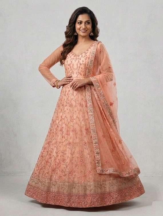 women solid with work semi-stitched gown with dupatta - 22408017 -  Standard Image - 1