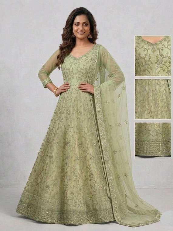 women solid with work semi-stitched gown with dupatta - 22408018 -  Standard Image - 1