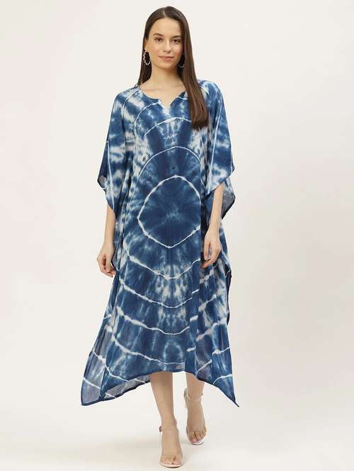 Women Printed Blue A Line Viscose Midi Dress