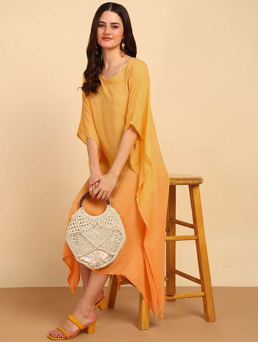 women orange viscose round neck kaftan dress