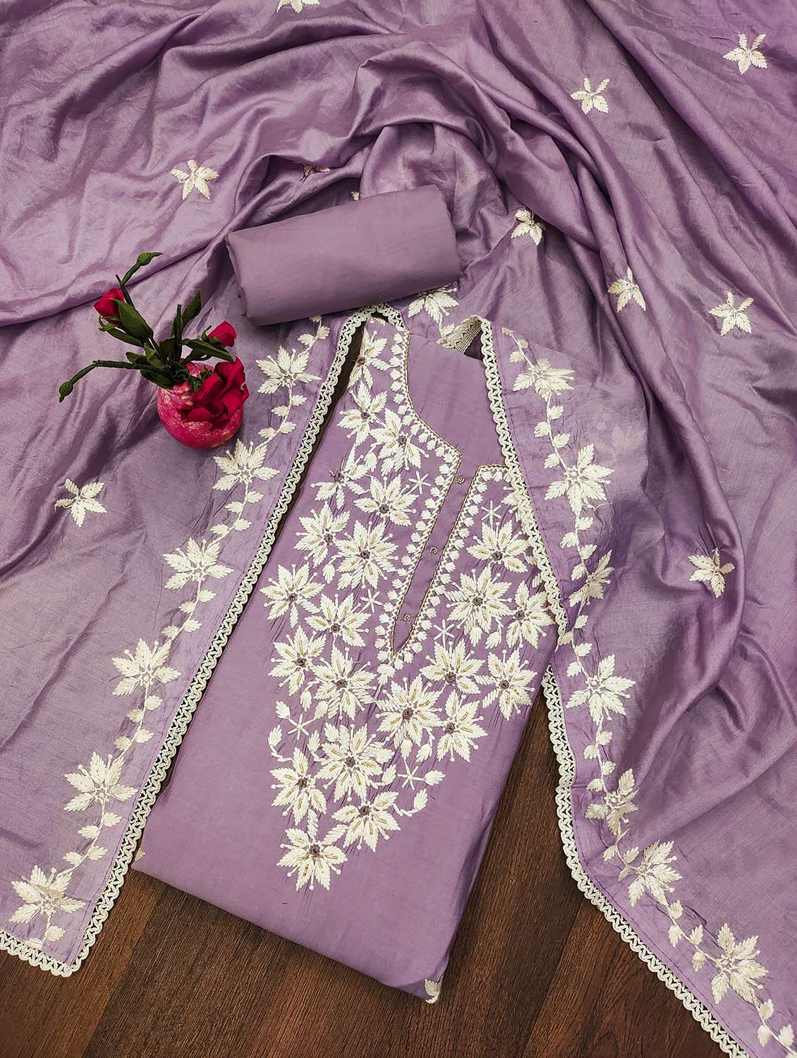 women solid with work unstitched suit set