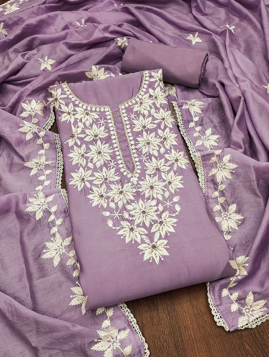 Women Solid With Work Unstitched Suit Set - 22413766 -  Standard Image - 1