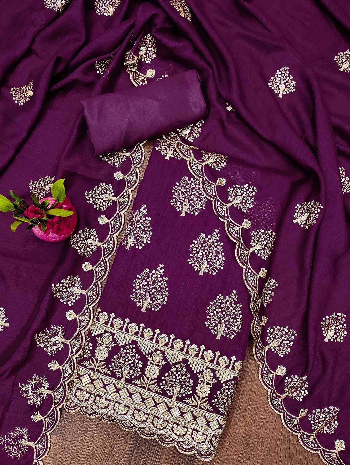Women Solid With Work Unstitched Suit Set - 22413881 -  Standard Image - 1